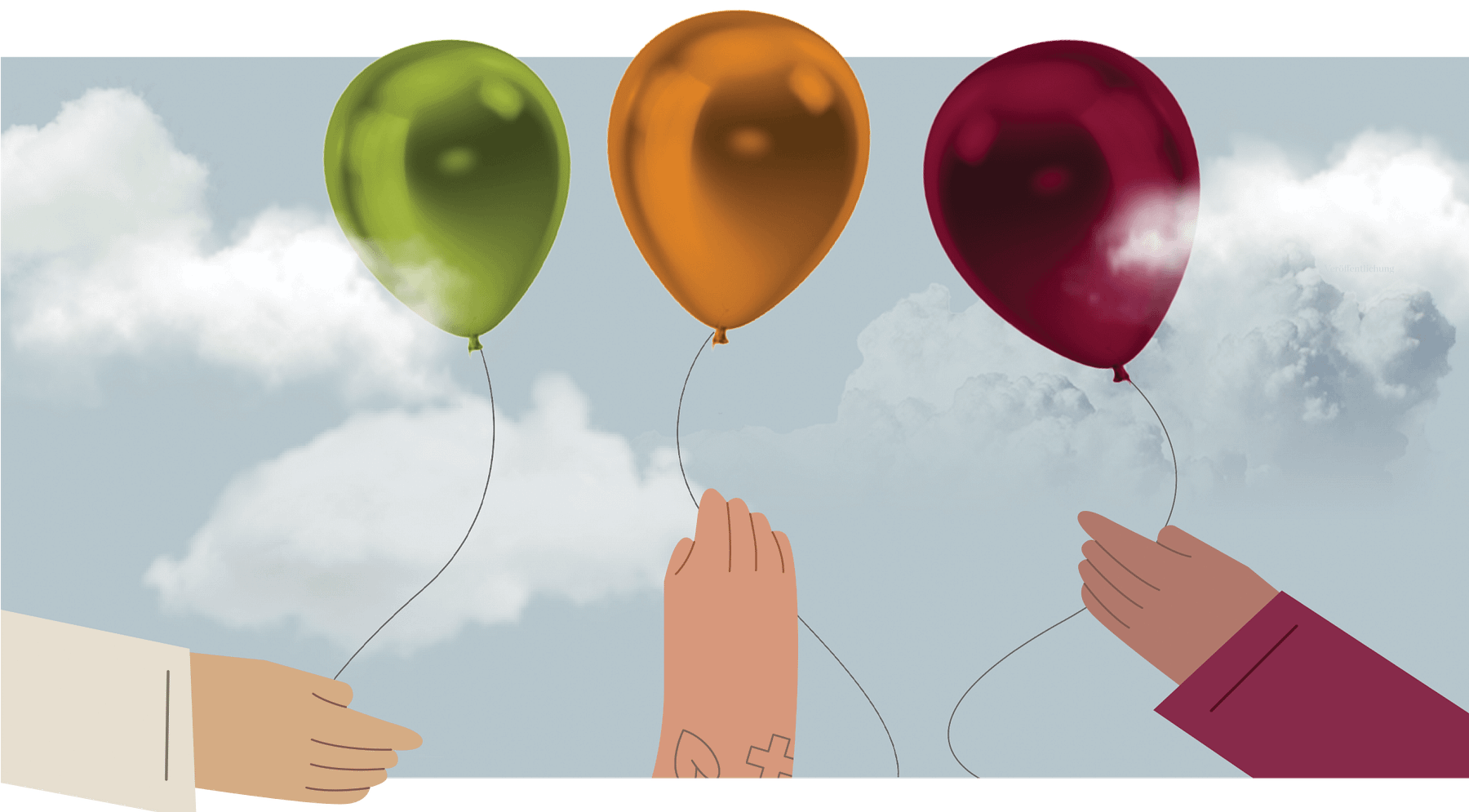 Illustration: 3 Hände halten je einen Luftballon in einen blauen Himmel mit weißen Wolken.