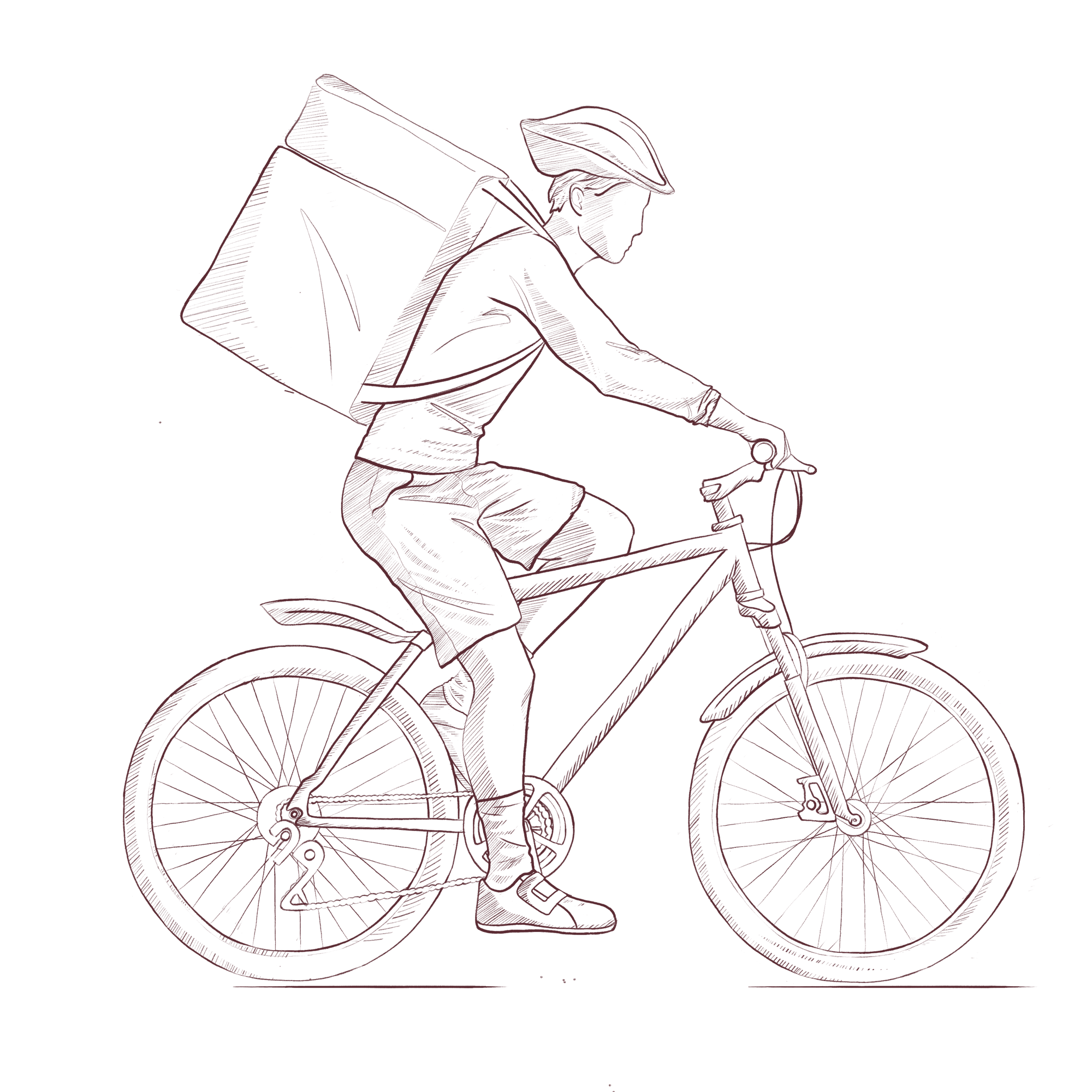 Zeichnung von Fahrradkurier mit großem Lieferrucksack. Mit RAS Customer Services wird Ihnen Livestyle direkt geliefert