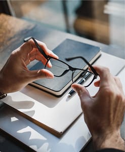 Person hält Brille in zwei Händen. Im Hintergrund ist eine Tischplatte mit mehreren Notizbüchern