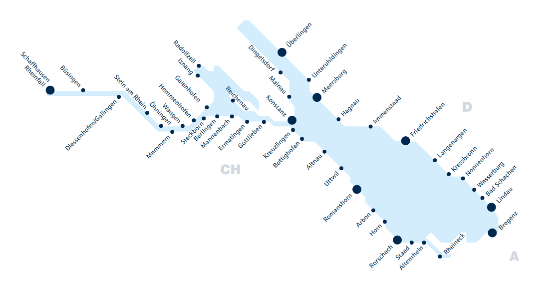Reisen kennt kein Alter Bodensee Reiseführer für Senioren: Karte des Obersee mit Haltepunkten der Bodensee-Rundfahrt