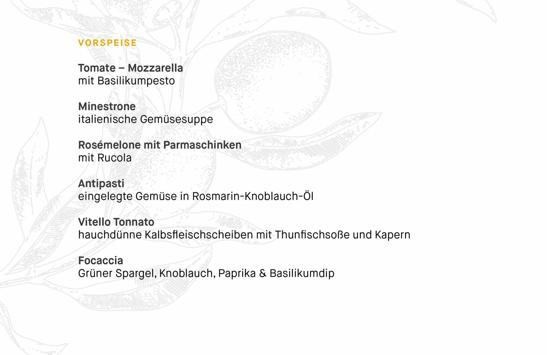 Italienischen Speisekarte des Tertianum Premium Residenz Bewohnerrestaurants Berlin - Vorspeisen