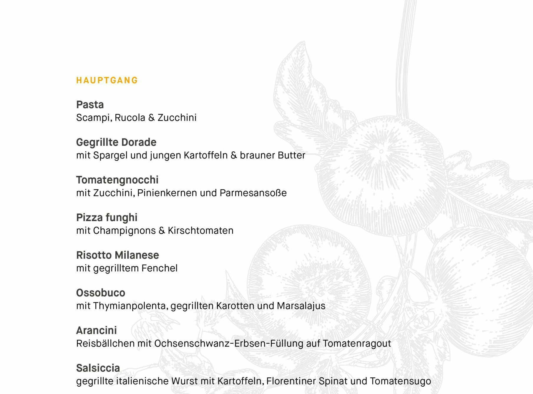 Italienischen Speisekarte des Tertianum Premium Residenz Bewohnerrestaurants Berlin - Hauptgerichte
