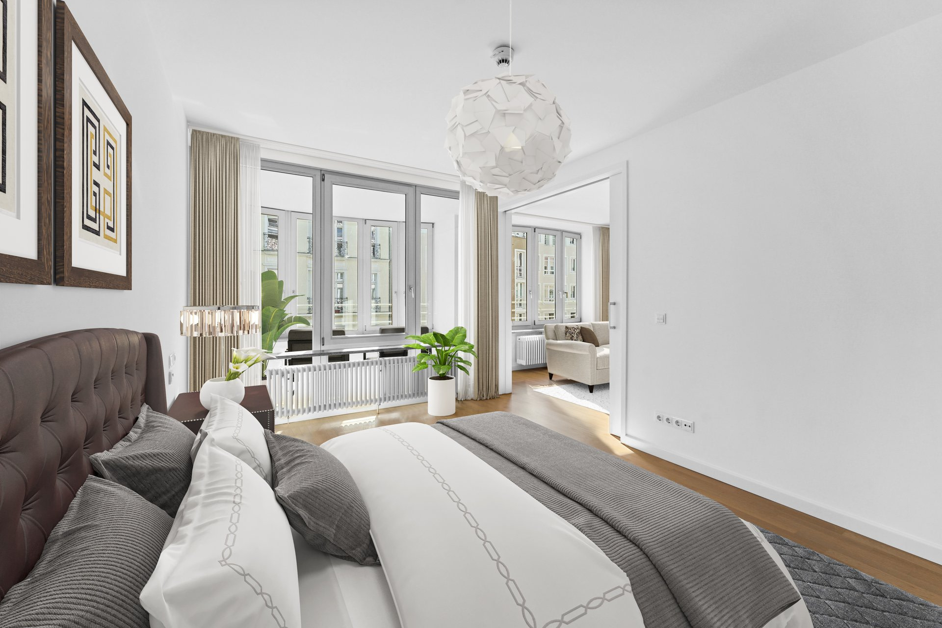Computeranimation einer denkbaren Apartmenteinrichtung in der Tertianum Residenz Berlin. Zu sehen ist der Schlafbereich einer Wohnung mit Wintergarten.