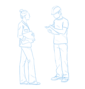 Zeichnung von Person mit Bauhelm und Klemmbrett - RAS After Sales Services liefert Sachverstand bei Planung, Bau und Endabnahme