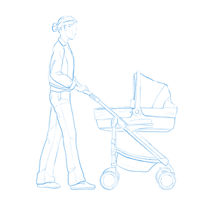 Zeichnung Frau mit Kinderwagen - RAS After Sales Services organisiert auch kurzfristig Kleinstdienstleistungen