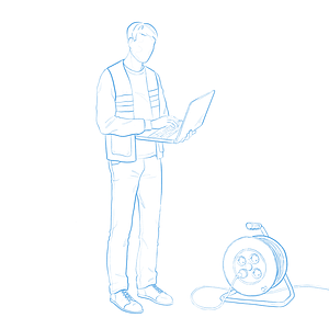 Zeichnung Person mit Laptop und Kabelrolle - RAS After Sales Services bietet Technischer Support bei Neueinrichtung oder Wartung