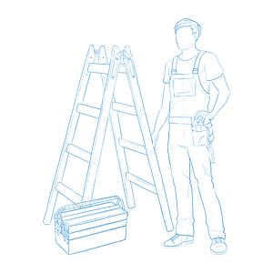 Zeichnung Person mit Werkzeugkasten und Leiter - RAS After Sales Services bietet Handwerkervermittlung und auf Wunsch Beaufsichtigung