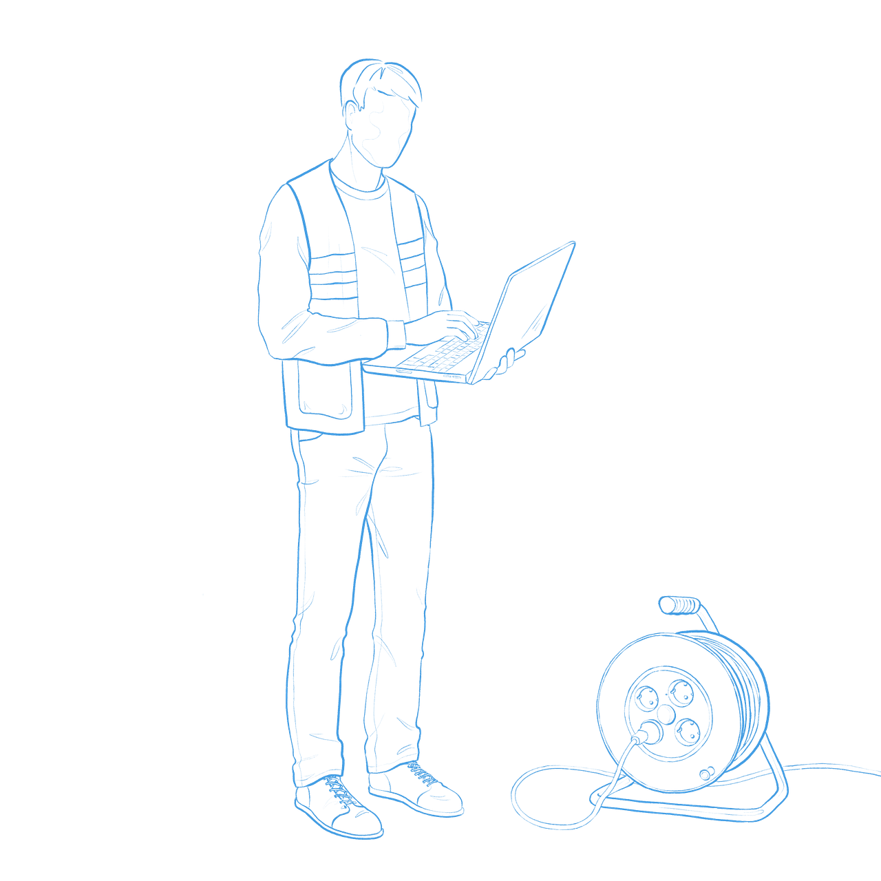 Zeichnung Person mit Laptop und Kabelrolle - RAS After Sales Services bietet Technischer Support bei Neueinrichtung oder Wartung