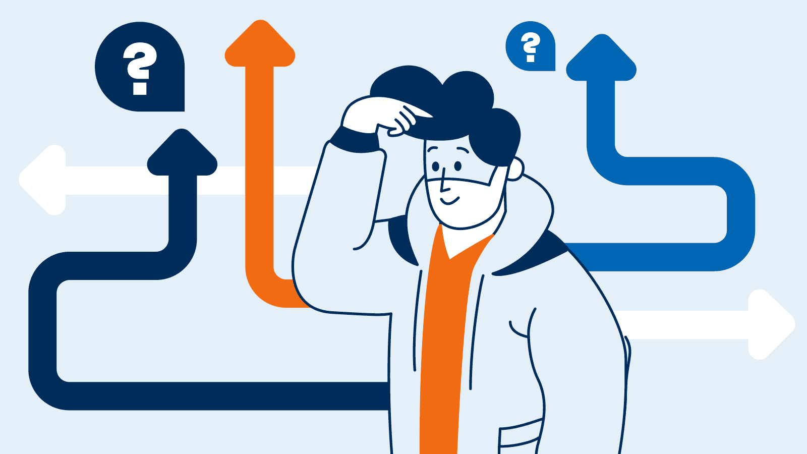 Flexibilität im Bezahlprozess: Illustration einer nachdenklichen Person vor Pfeilen in verschiedene Richtungen, symbolisierend Entscheidungsfindung und Orientierung