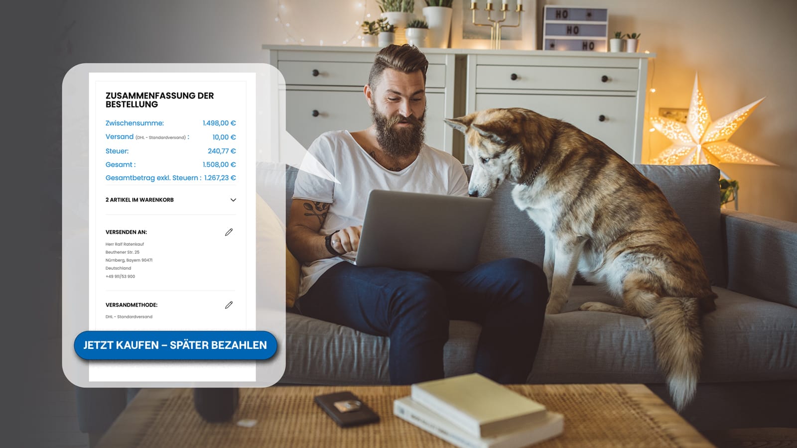 Buy Now, Pay Later verspricht maximale Flexibilität: Onlineshop-Kunde sitzt auf Couch und bestellt