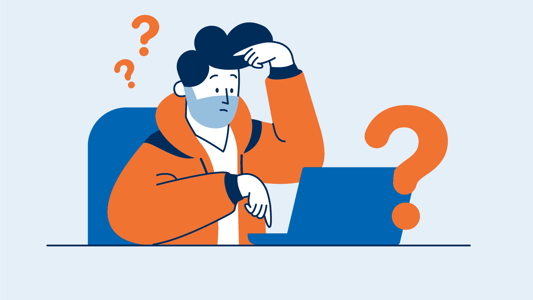 Illustration - Mann sitzt an Laptop und hat Fragen zum easyCredit-Ratenkauf