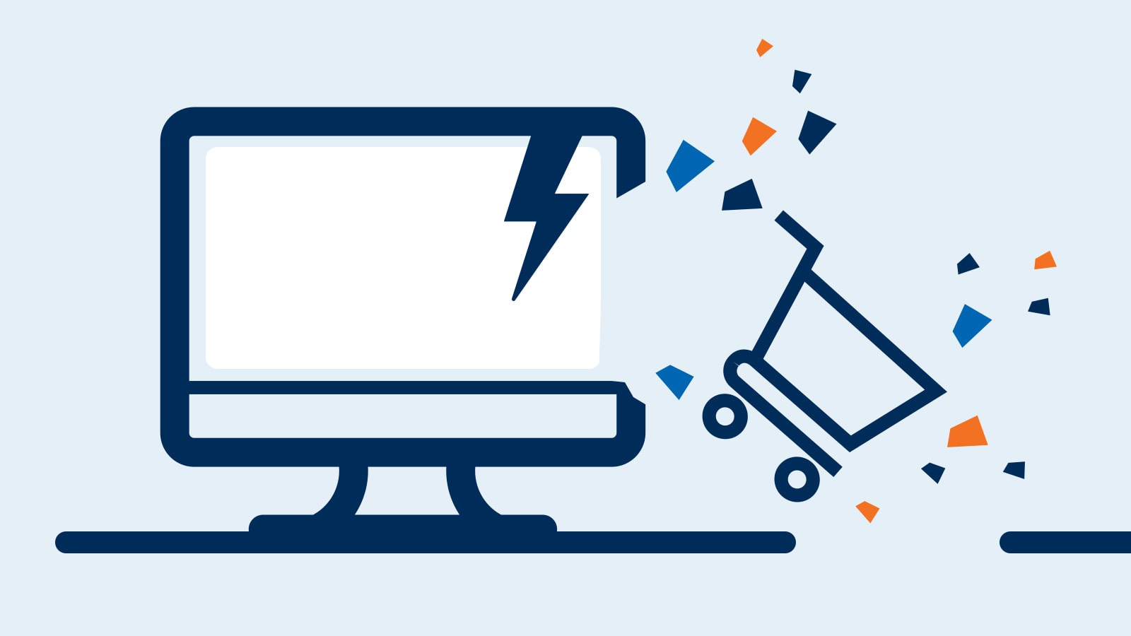 Grafik zum Kaufabbruch: Einkaufswagen bricht durch Computerbildschirm.