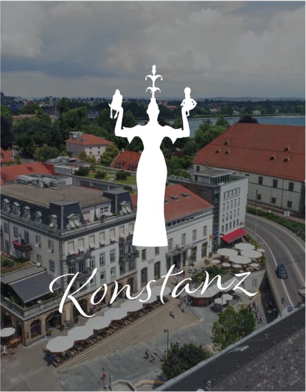 Luftbild der Brasserie Colette Konstanz mit Grafik und Schriftzug 'Konstanz' im Vordergrund