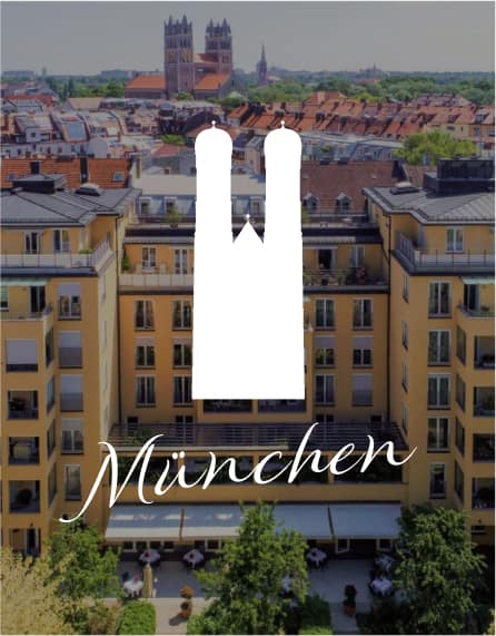 Luftbild der Tertianum Residenz München mit Grafik und Schriftzug 'München' im Vordergrund