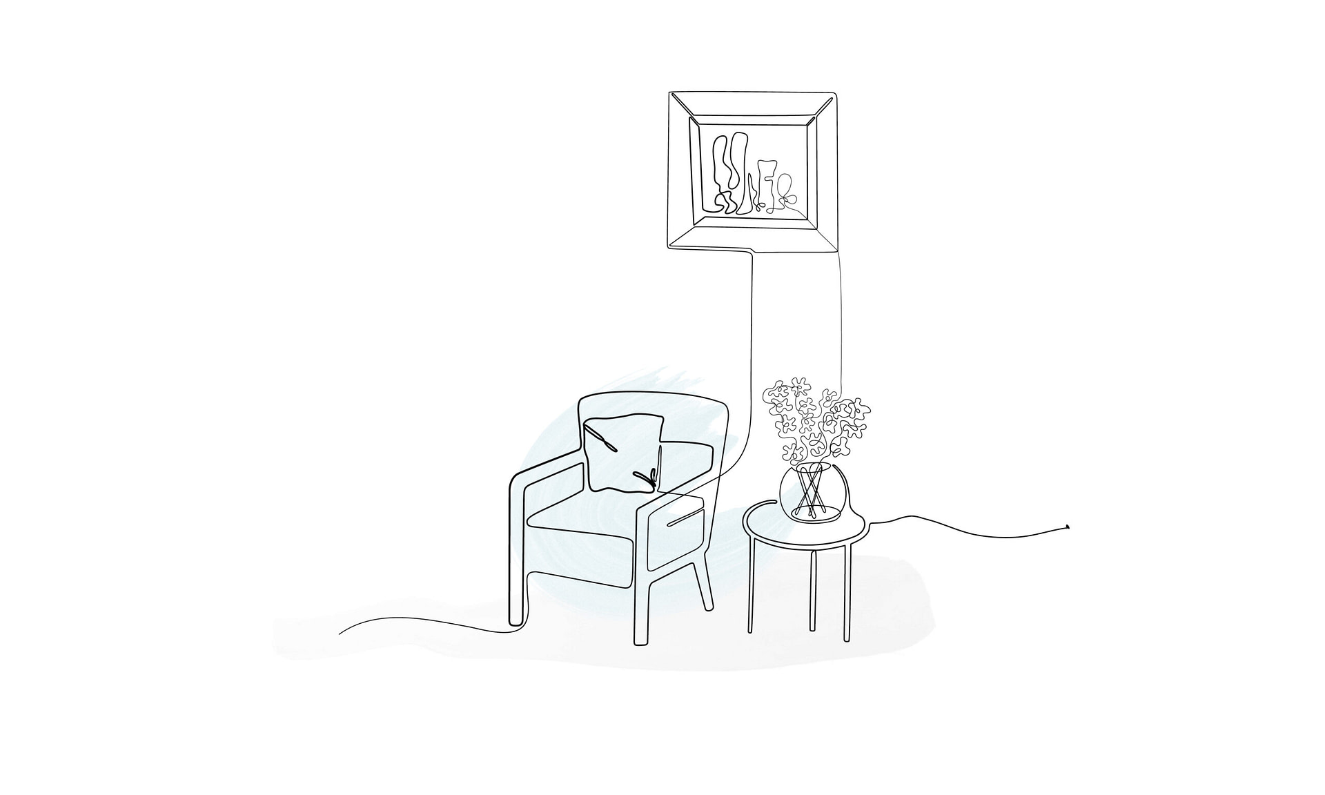 Illustration eines Sessels mit Beistelltisch und Blumen
