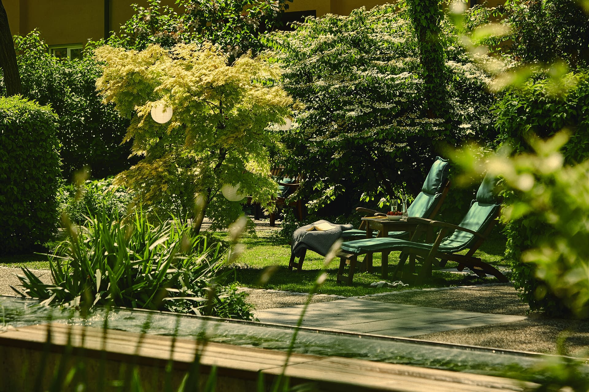 Liegestühle unter einem Baum im Garten der Tertianum Seniorenwohngemeinschaft
