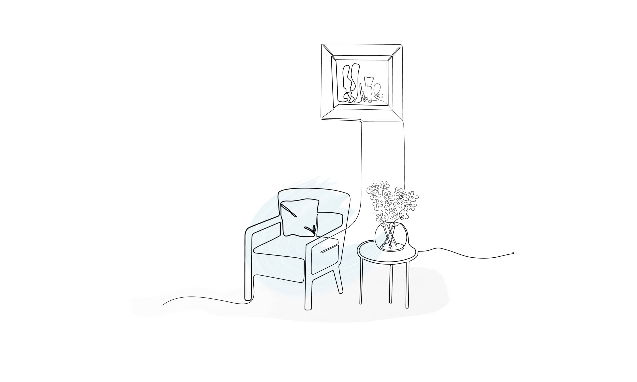 Illustration eines Sessels mit Beistelltisch und Blumen
