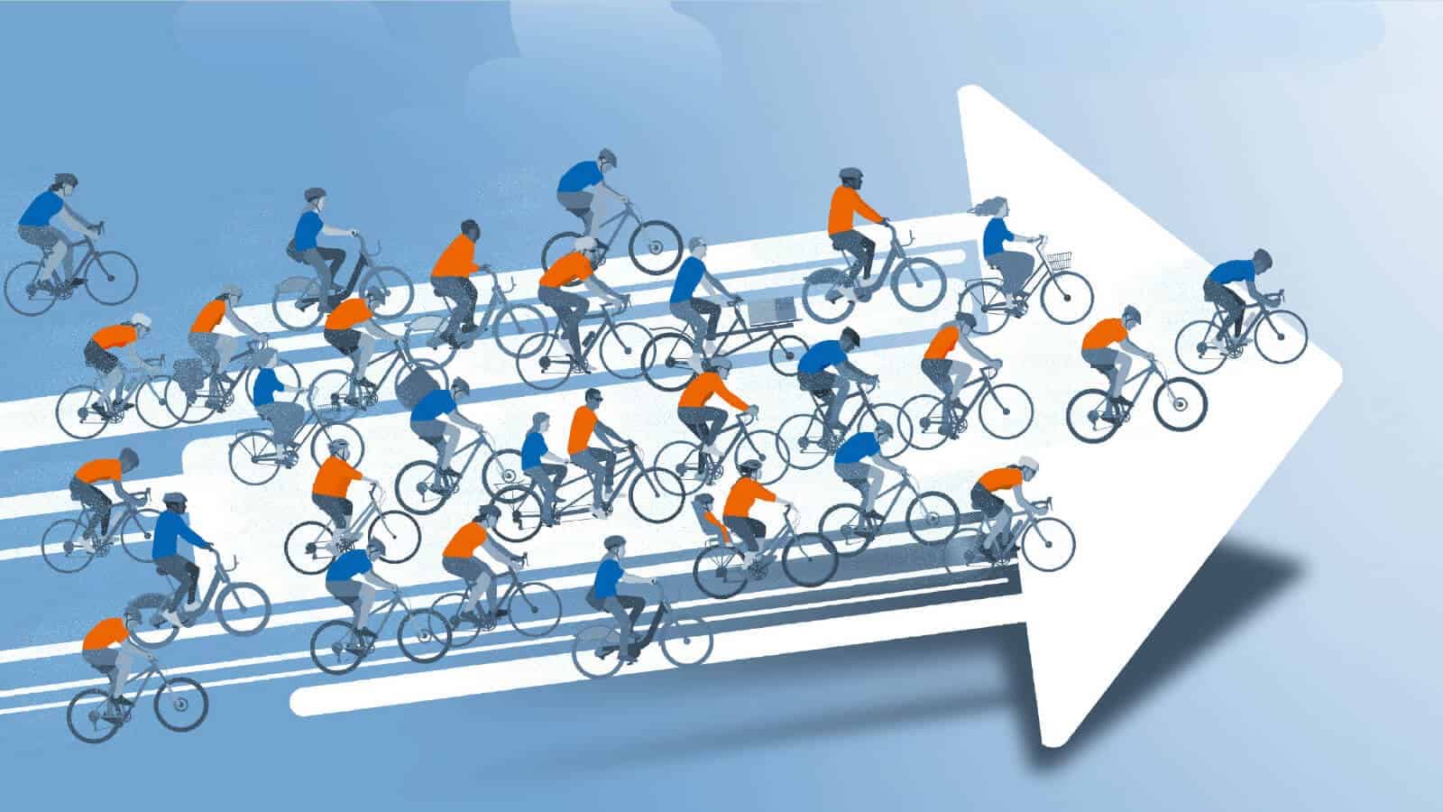Grafik: viele Radler fahren auf einem Pfeil vorwärts