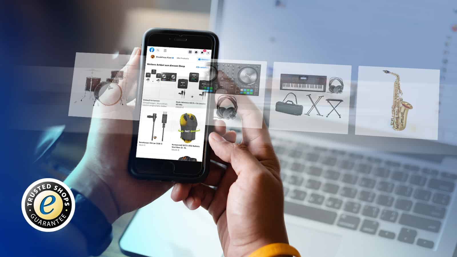 Smartphonenutzer, durchsucht einen Online-Shop nach Produkten. Im Vordergrund ist das Trusted Shops-Siegel, das Vertrauen und Sicherheit symbolisiert. So geht erfolgreiches Marketing auf Facebook. Tipps von Trusted Shops.