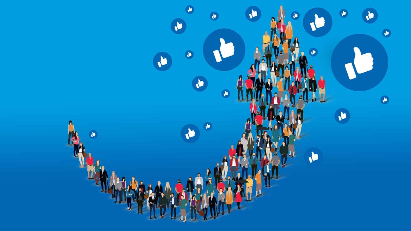 Community und Reichweite in Sozialen Medien - Illustration einer Menschenmenge, die eine aufsteigende Kurve bildet, begleitet von Like-Symbolen, symbolisierend wachsende Popularität und Engagement.