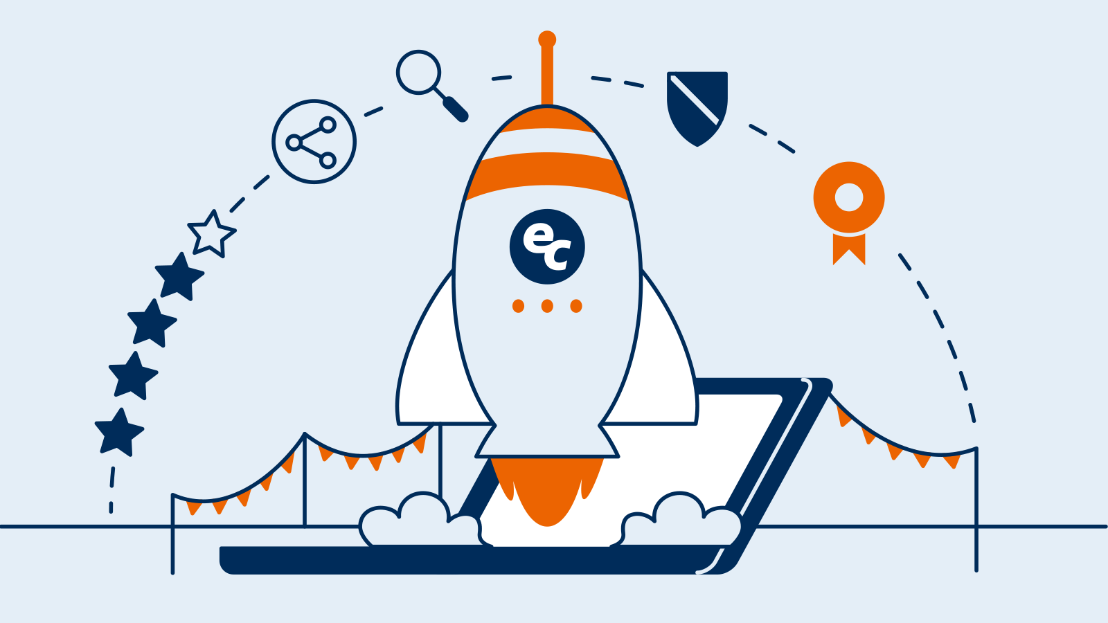 Illustration einer Rakete mit dem easyCredit-Logo, die aus einem Laptop startet, umgeben von Symbolen für Erfolg, Sicherheit, Analyse und Vernetzung.