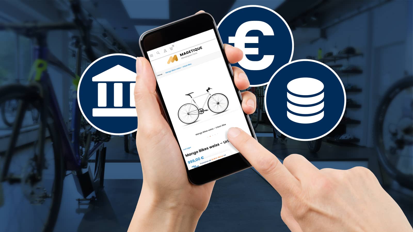 Integrierte Bezahlsysteme verringern Kaufabbrüche: Smartphonenutzer surft auf Fahrrad-Onlineshop. Im Hintergrund sind Symbole für verschiedene Bezahlarten.