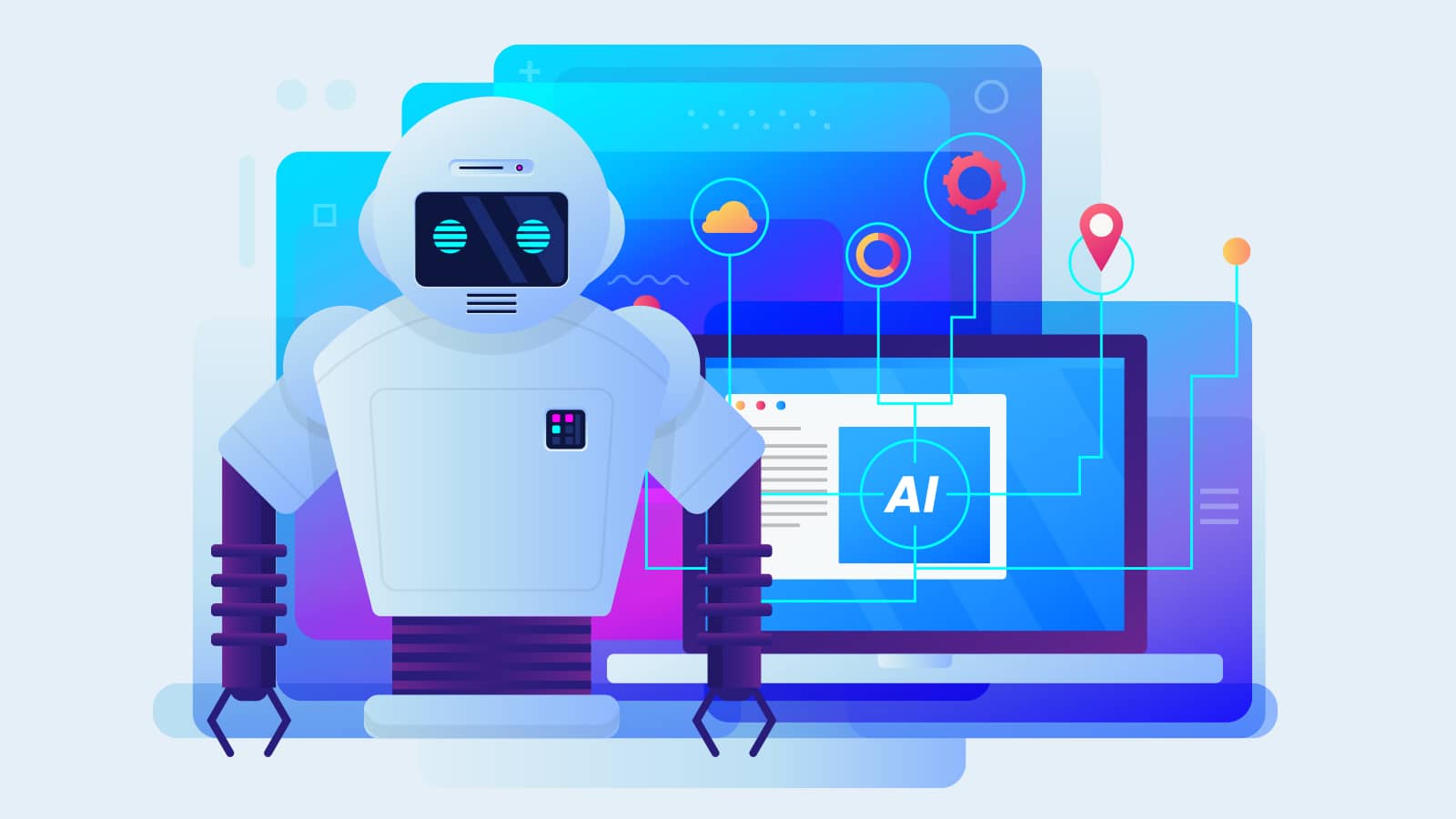 Illustration eines Roboters vor digitalen Schnittstellen, die KI und Datenvisualisierung symbolisieren