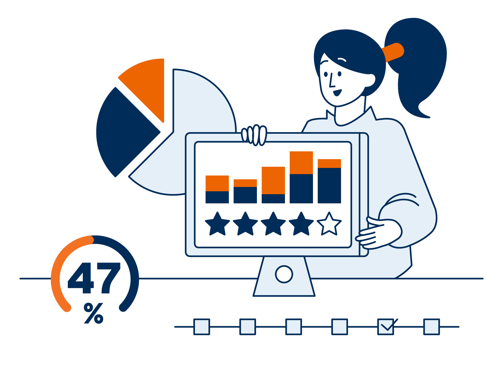 Illustration - Frau hält Bildschirm mit Statistik über Käufe mit easyCredit-Ratenkauf