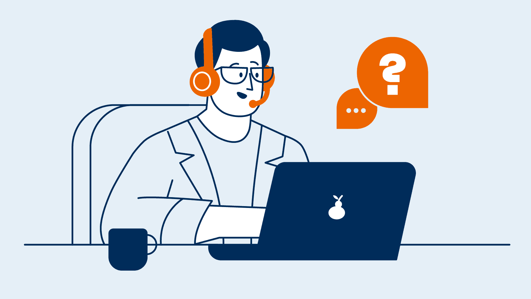 Illustration - freundlicher Ansprechpartner von easyCredit-Ratenkauf sitzt am Laptop und gibt Support