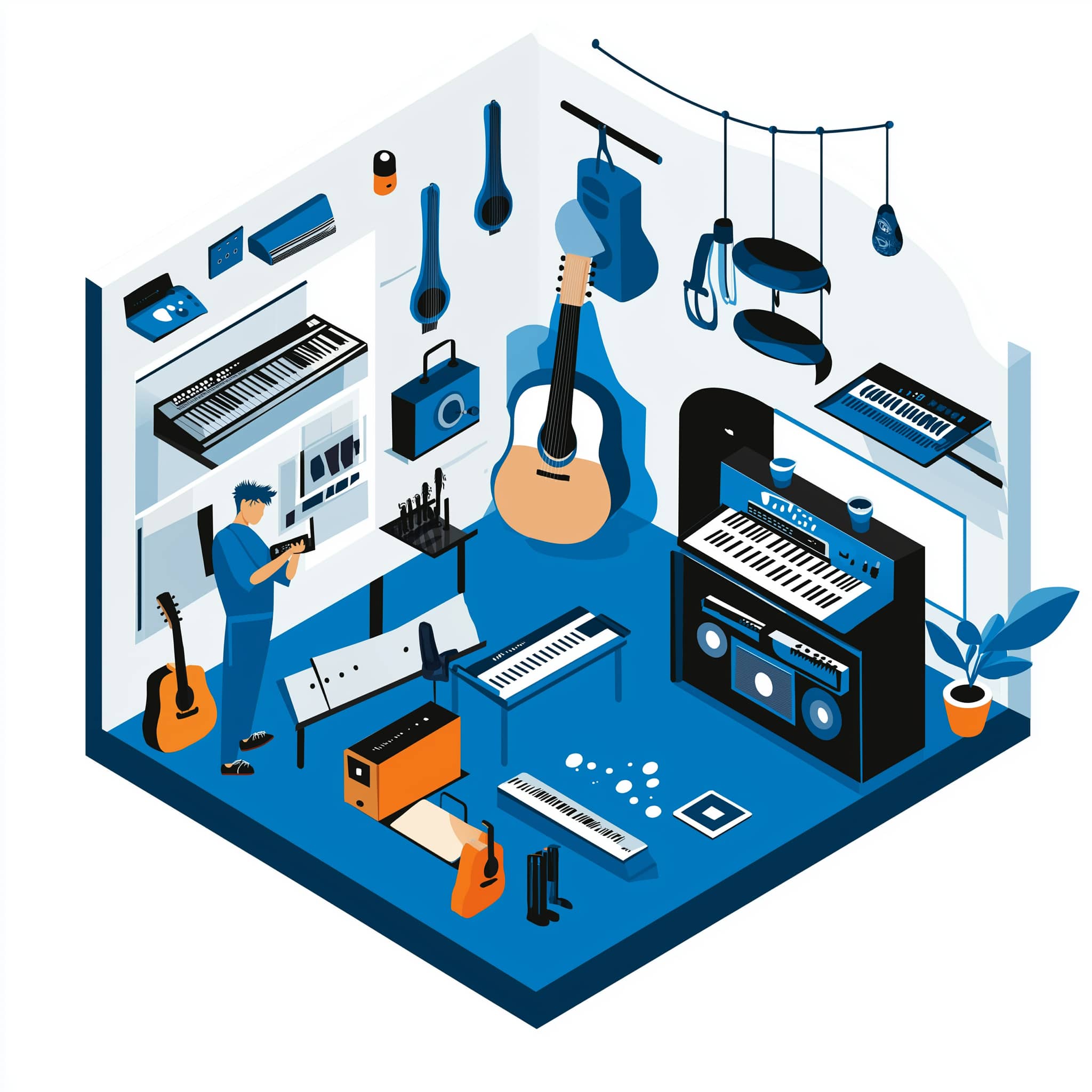 Grafik eines Instrumente- und Musikgeschäfts mit Gitarren, Pianos & Keyboards, sowie weiterem Musik-Zubehör. Ratenkauf für Instrumentenhändler steigert Verkaufszahlen und erweitert Kundengruppen.