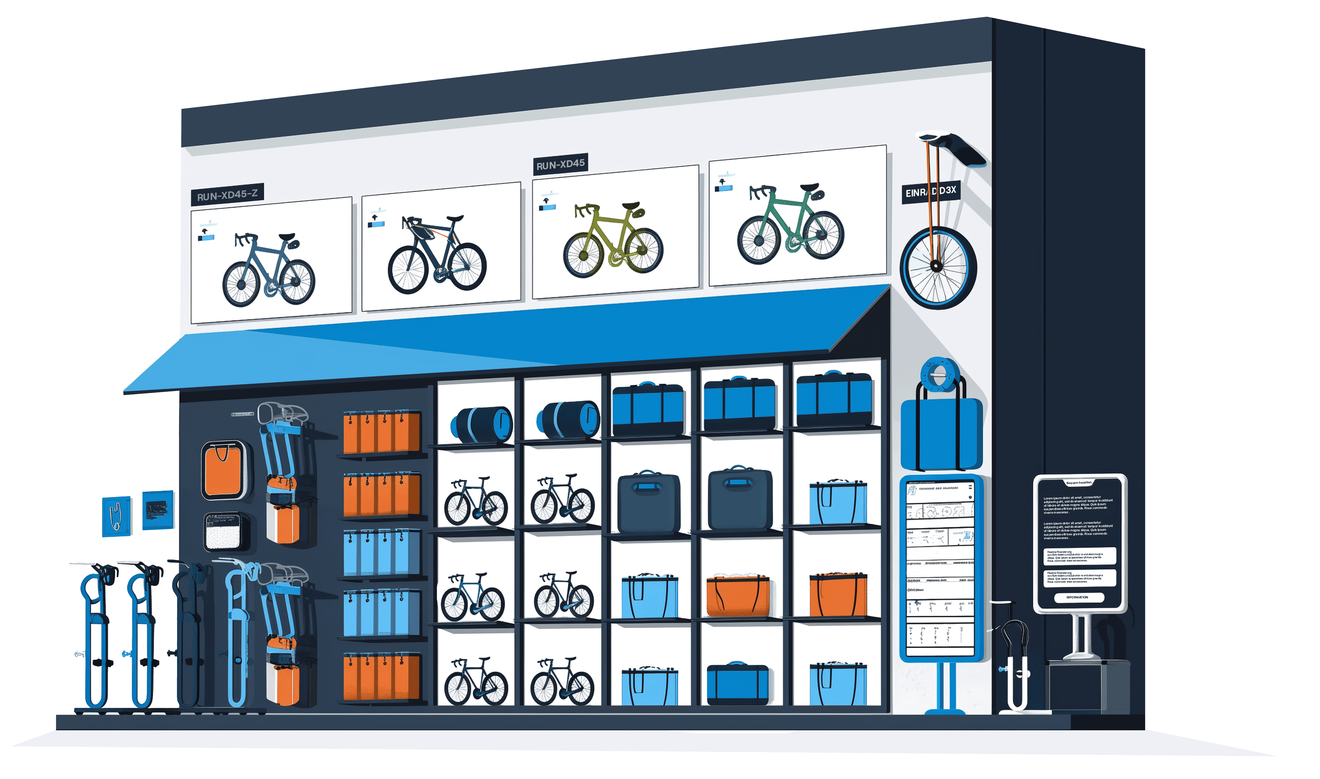 Grafik eines Fahrradgeschäfts mit Rädern, Taschen & Zubehör. Ratenkauf für Fahrradhändler steigert Verkaufszahlen und erweitert Kundengruppen.