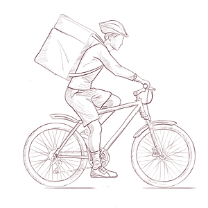 Zeichnung von Fahrradkurier mit großem Lieferrucksack. Mit RAS Customer Services wird Ihnen Livestyle direkt geliefert
