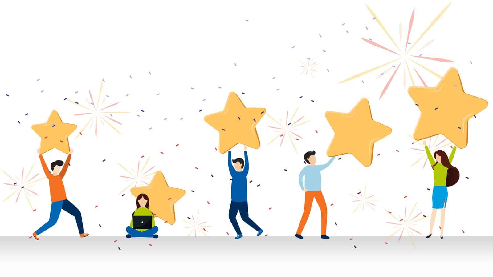 OMR Reviews Grafik - Zeichnung von 5 kleinen Menschen, die jeweils einen Stern in der Hand haben