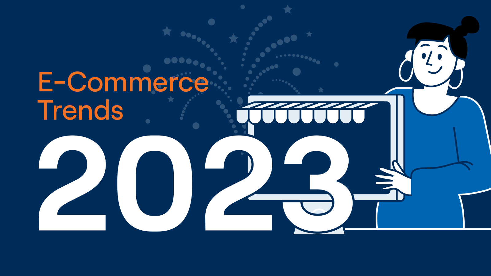 Grafik mit dem Schriftzug 'E-Commerce Trends 2023', einer stilisierten Person und einem Monitor, der ein Geschäft symbolisiert.