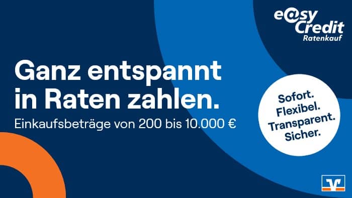 Textbanner - Ganz entspannt in Raten zahlen. Einkaufsbeträge von 200 bis 10.000 €. easyCredit-ratenkauf