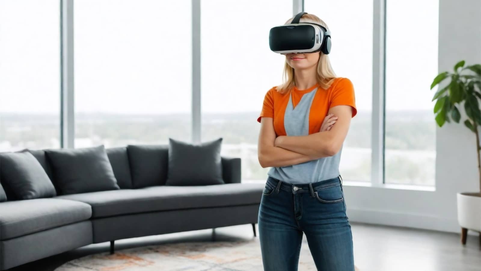 Frau mit Virtual-Reality-Brille steht in Wohnzimmer mit großem Fenster