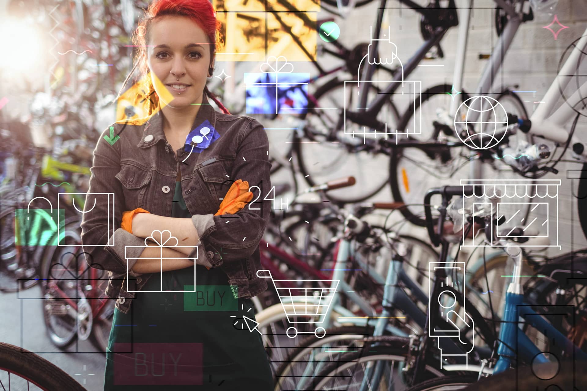 Digitalisierung im Fahrradhandel: Eine Mitarbeiterin steht selbstbewusst in einem Fahrradladen. Das Bild ist überlagert von Symbolen für Online-Shopping, Geschenkpaketen und E-Commerce.