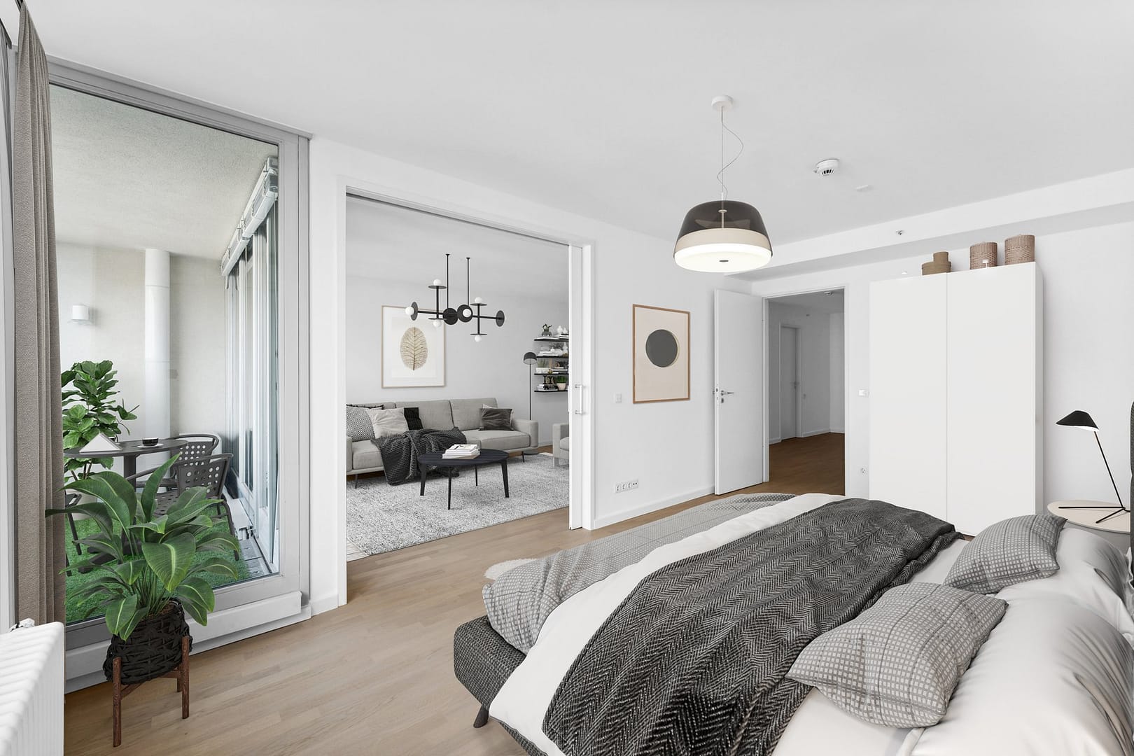 Computeranimation einer möglichen Schlafzimmereinrichtung in der Tertianum Residenz Berlin. Man sieht den Schlafbereich einer Wohnung mit Übergang zum Wohnzimmer, zum Flur, sowie zum Balkon.